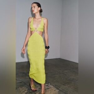 NWT Zara Knit Lime Green Dress Midi Maxi Gold Loop Stretchy Long 2756/013 CutOut